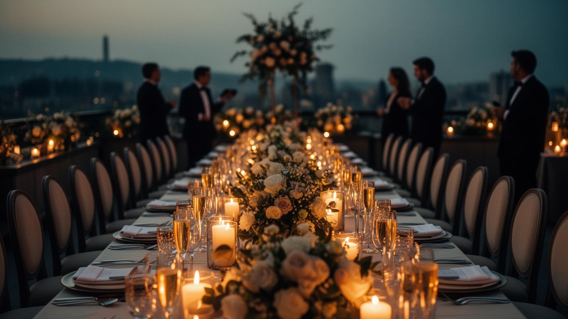 Candlelit rooftop dinner with floral centerpieces and black-tie guests at dusk