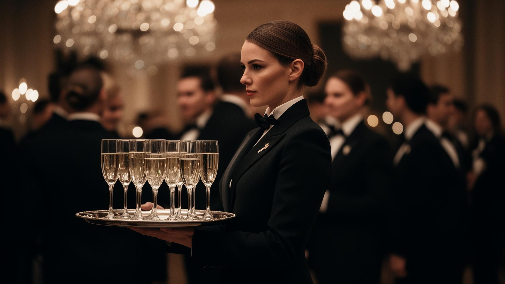 Elegant hospitality host in tailored black uniform carrying champagne tray at a gala