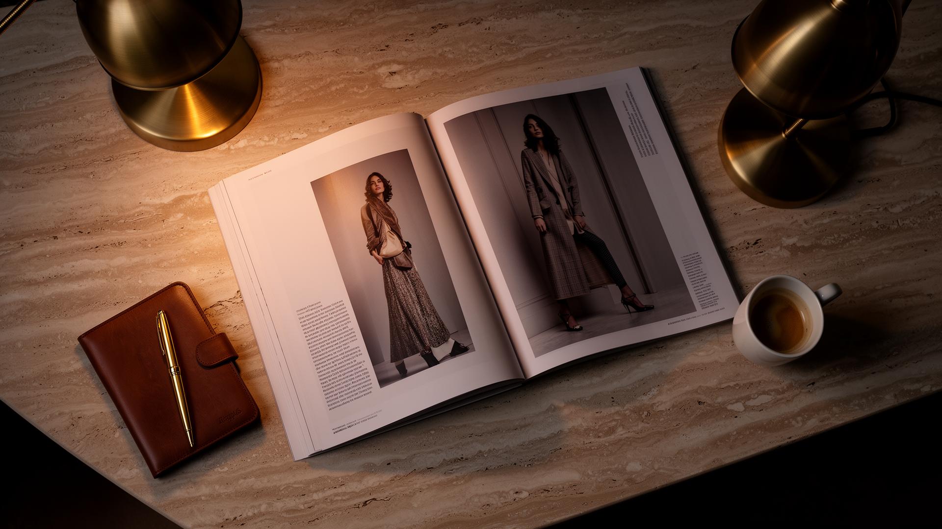 Open luxury magazine on travertine marble with brass reading lamps and espresso