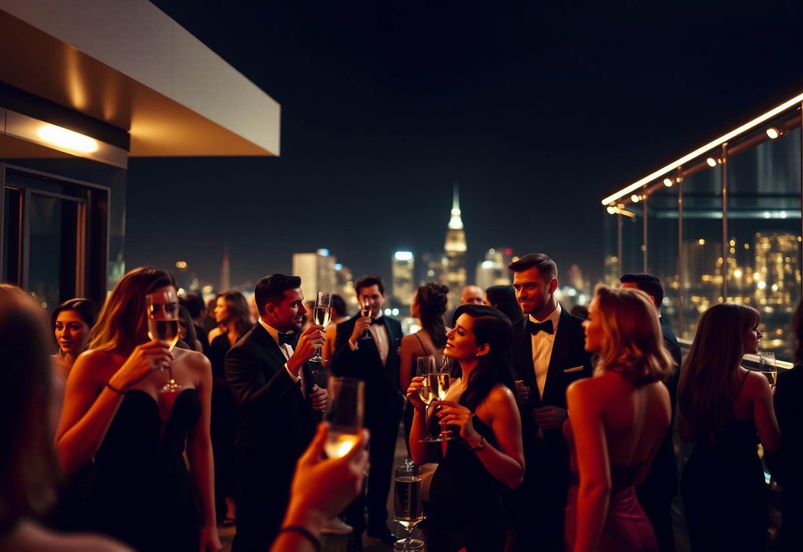 Black-tie guests mingling with champagne at an exclusive rooftop social at night